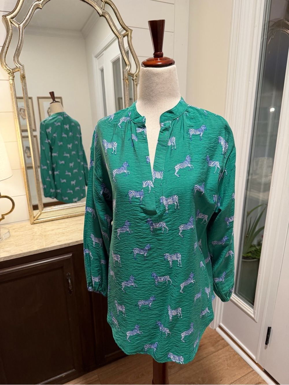Green Zebra Print Popover Blouse